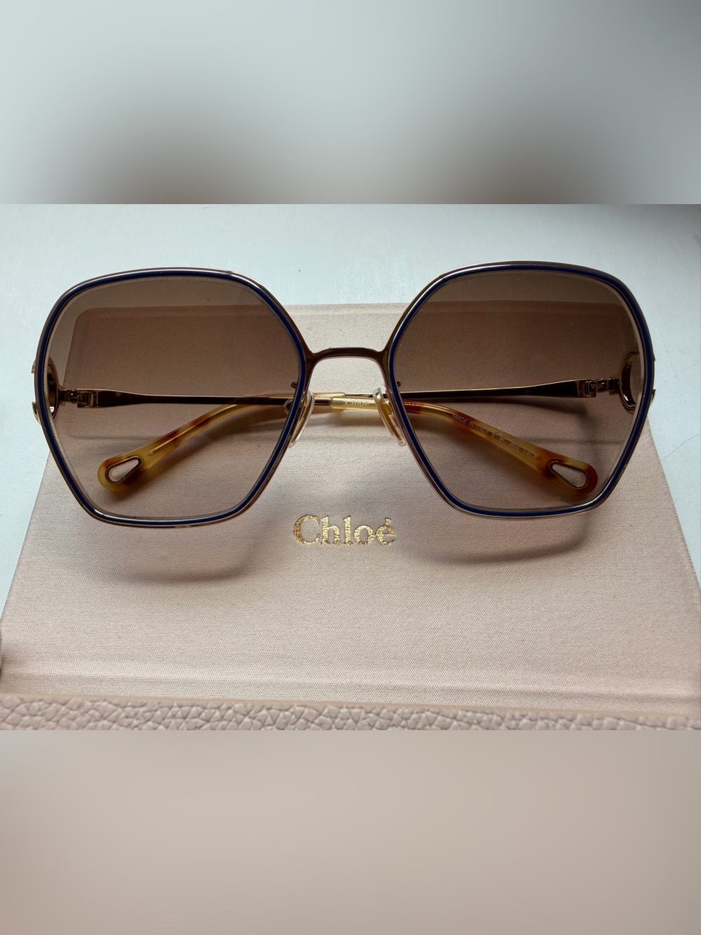 Chloe CH0146S Blue Sunglasses Women's Gold/Brown Gradient Square Shape New!